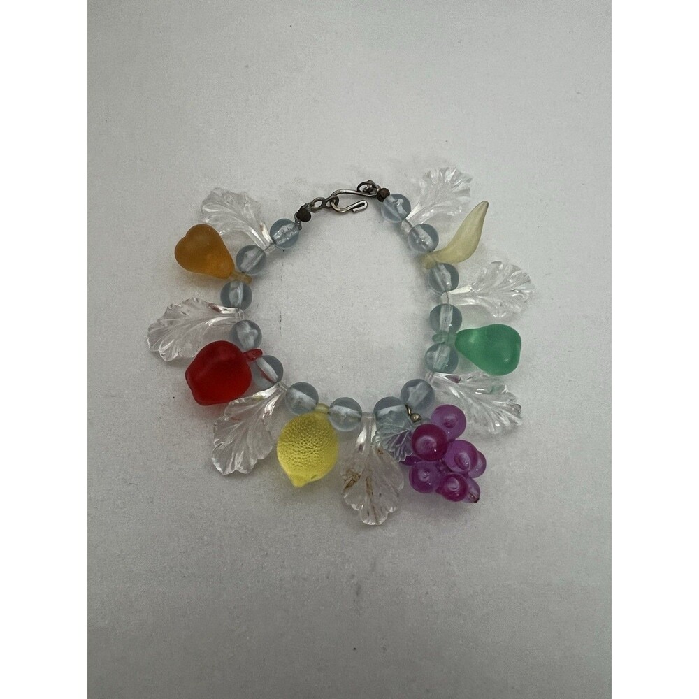 VTG Style Fruit Charm Bracelet Retro Kitsch Beaded Jewelry Multicolor Plastic